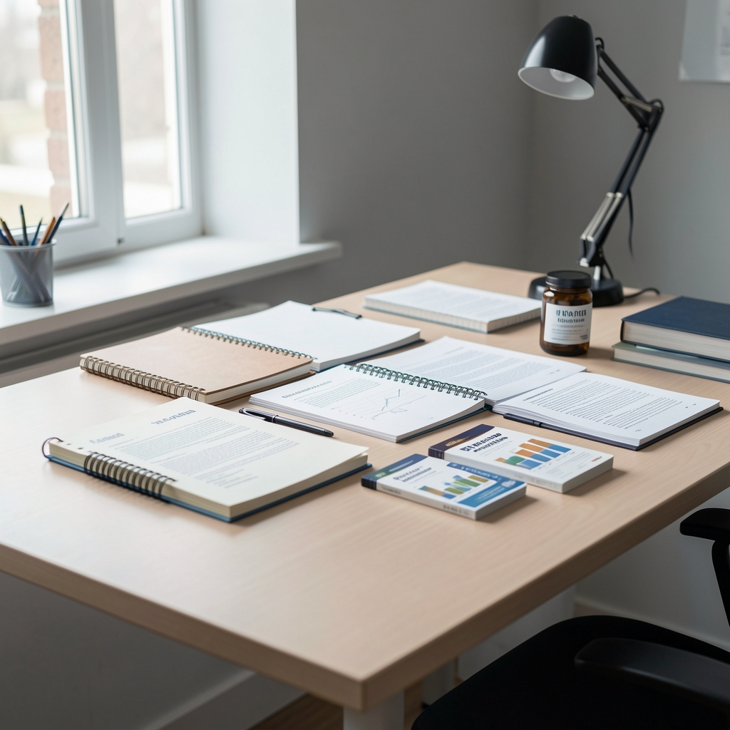 Editorial workspace showing notebooks, research documents and supplement reference materials on a light desk, natural window light