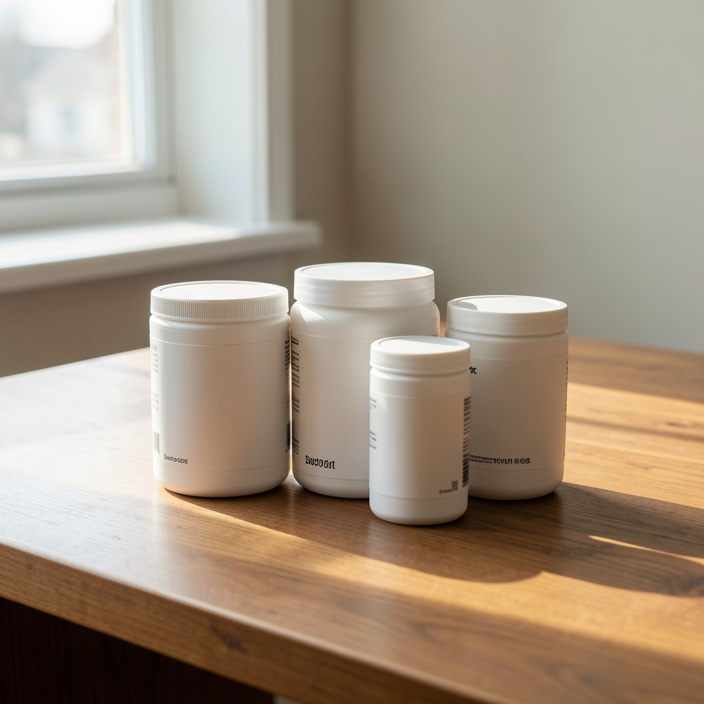 Supplement containers on a wooden desk, minimal editorial composition with morning window light