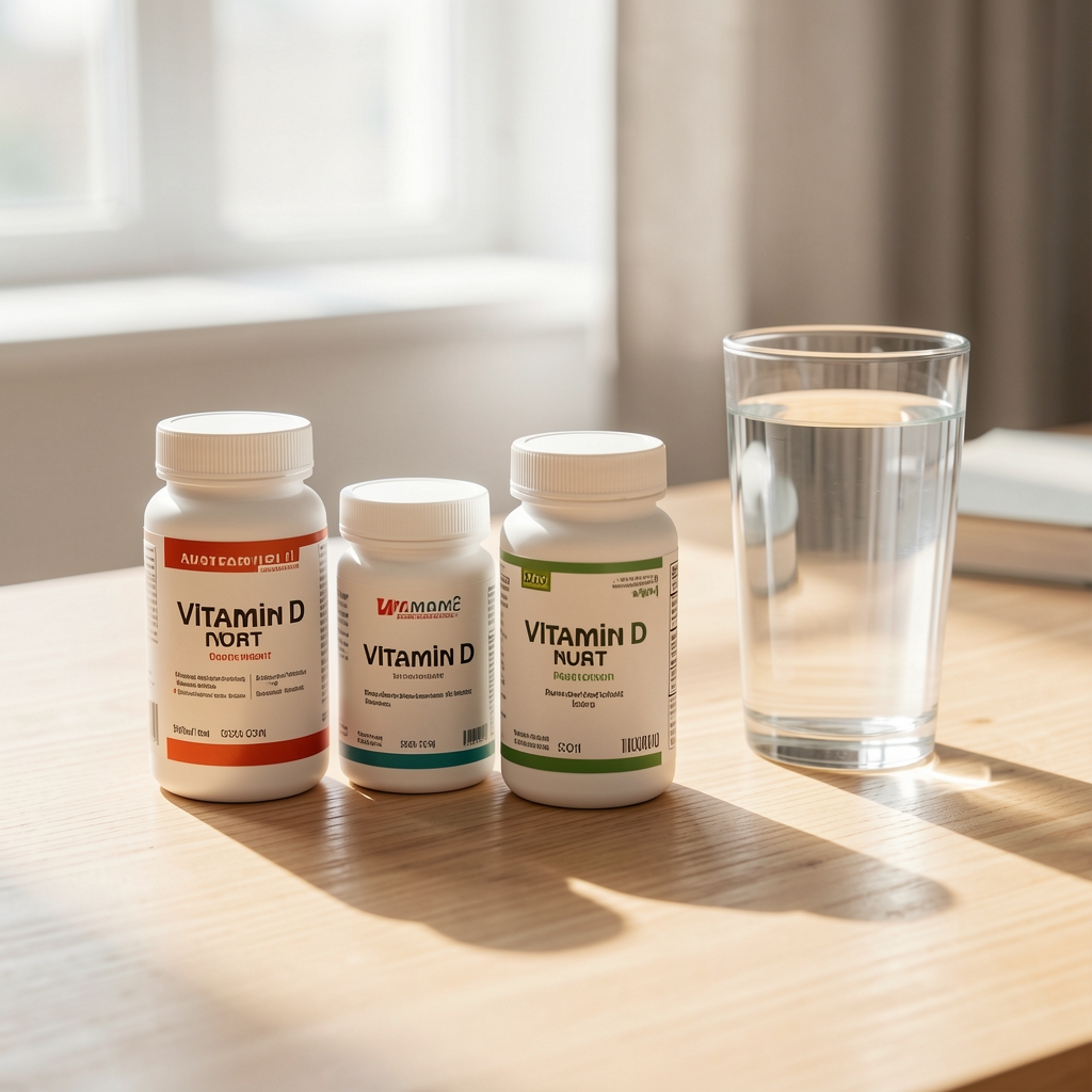 Vitamin D supplement containers arranged on a bright wooden desk alongside a glass of water, editorial composition