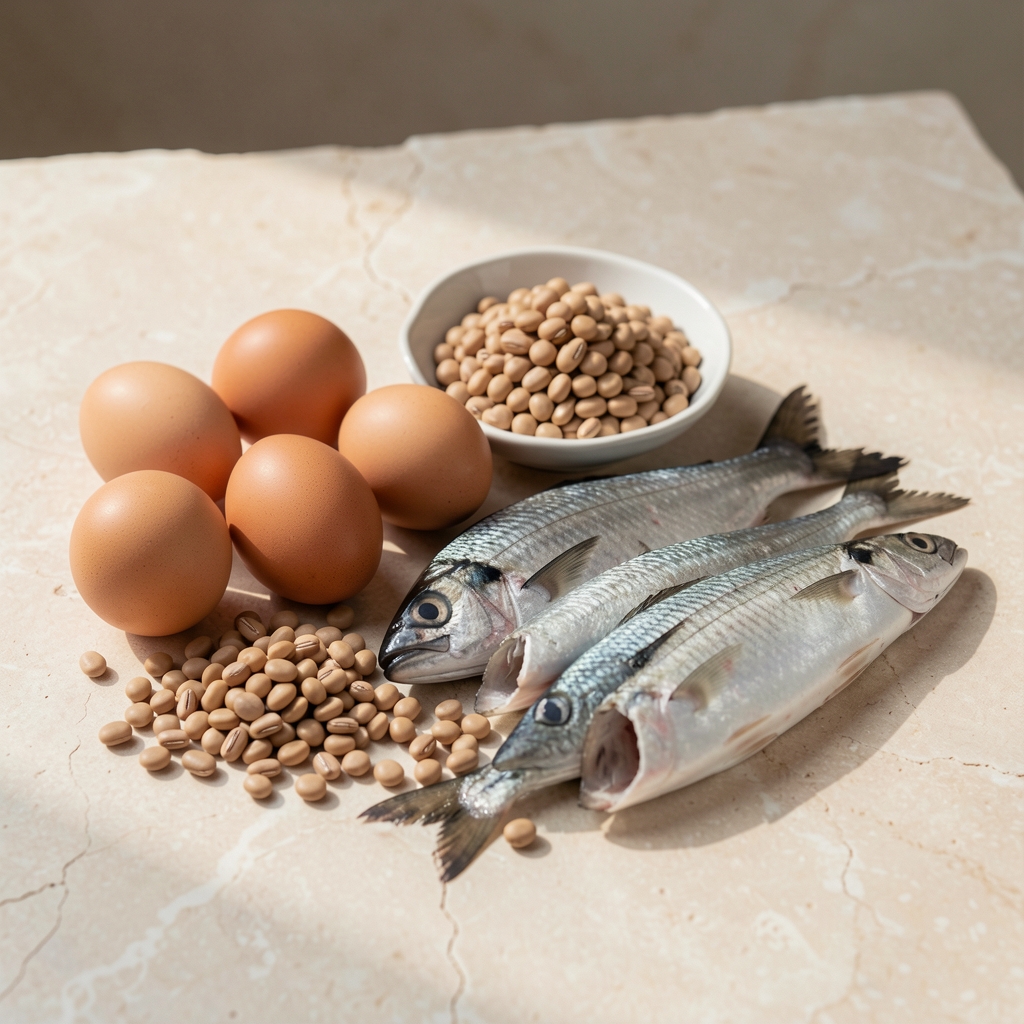 Protein-rich whole foods including eggs, legumes, and fish arranged on a pale stone surface, natural light editorial composition
