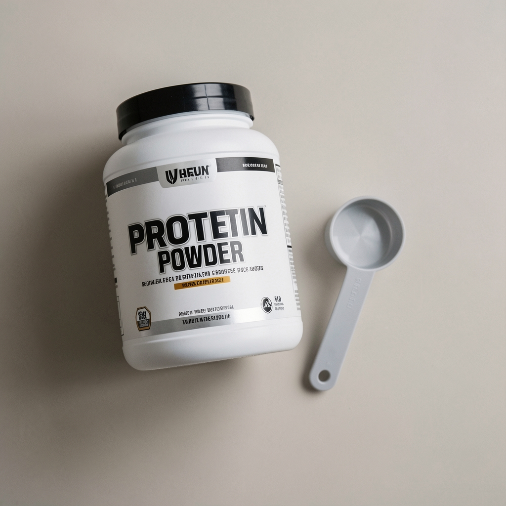 Protein powder container and measuring scoop on a neutral background, overhead editorial photograph