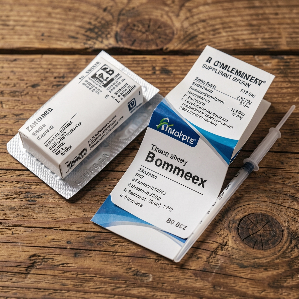 Close-up of zinc and B-complex supplement labels arranged on a wooden surface, editorial overhead composition