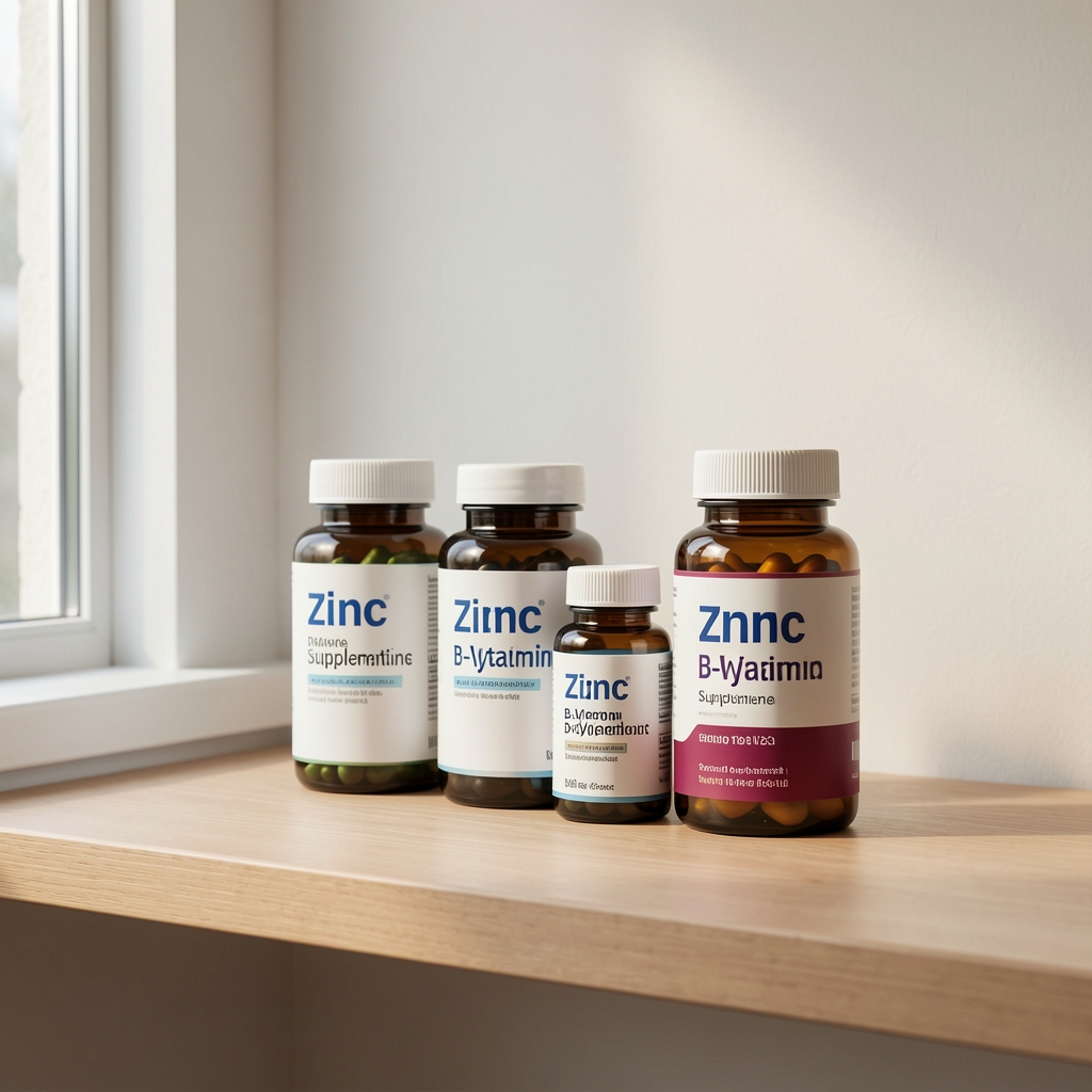 Zinc and B-vitamin supplement bottles on a minimalist shelf with soft natural window light, editorial still life
