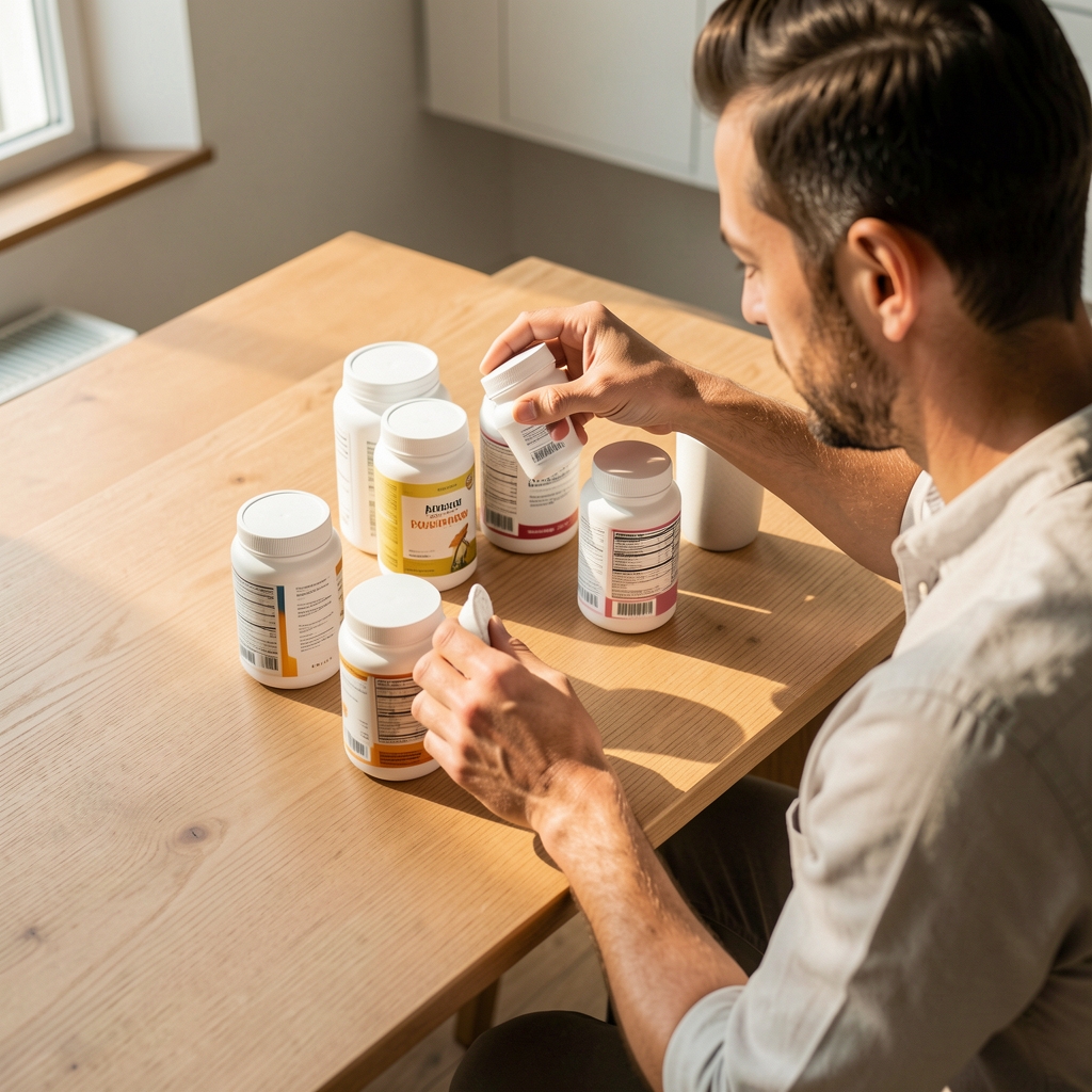 Man reviewing supplement containers on a minimal wooden desk in morning light, editorial flat lay composition